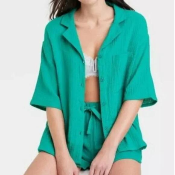 NWT Women’s 100% Cotton Gauze Short Sleeve Notch Collar Green Shirt Sz M - Picture 1 of 6